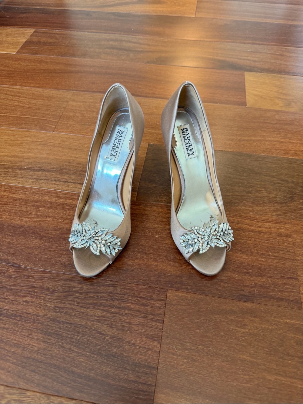 Badgley Mischka Beige Satin Peep-Toe Heels with Crystal Leaf Embellishment